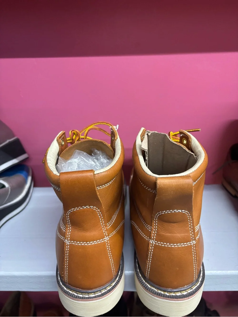 Men's Tan Moc Toe Work Boots with Yellow Contrast Laces